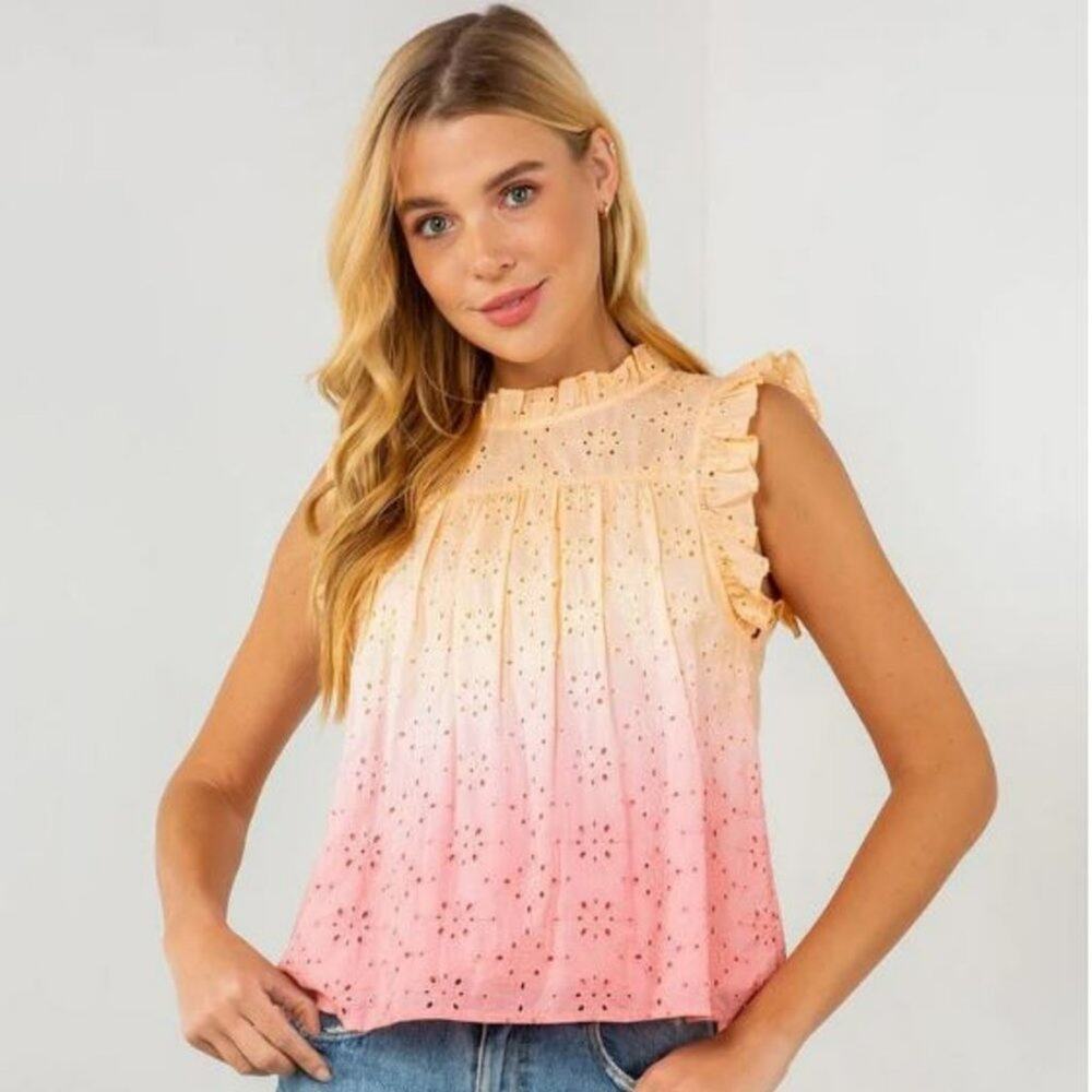 Womens Sleeveless Ruffle Pink Tie Dye Eyelet Top - MEDIUM